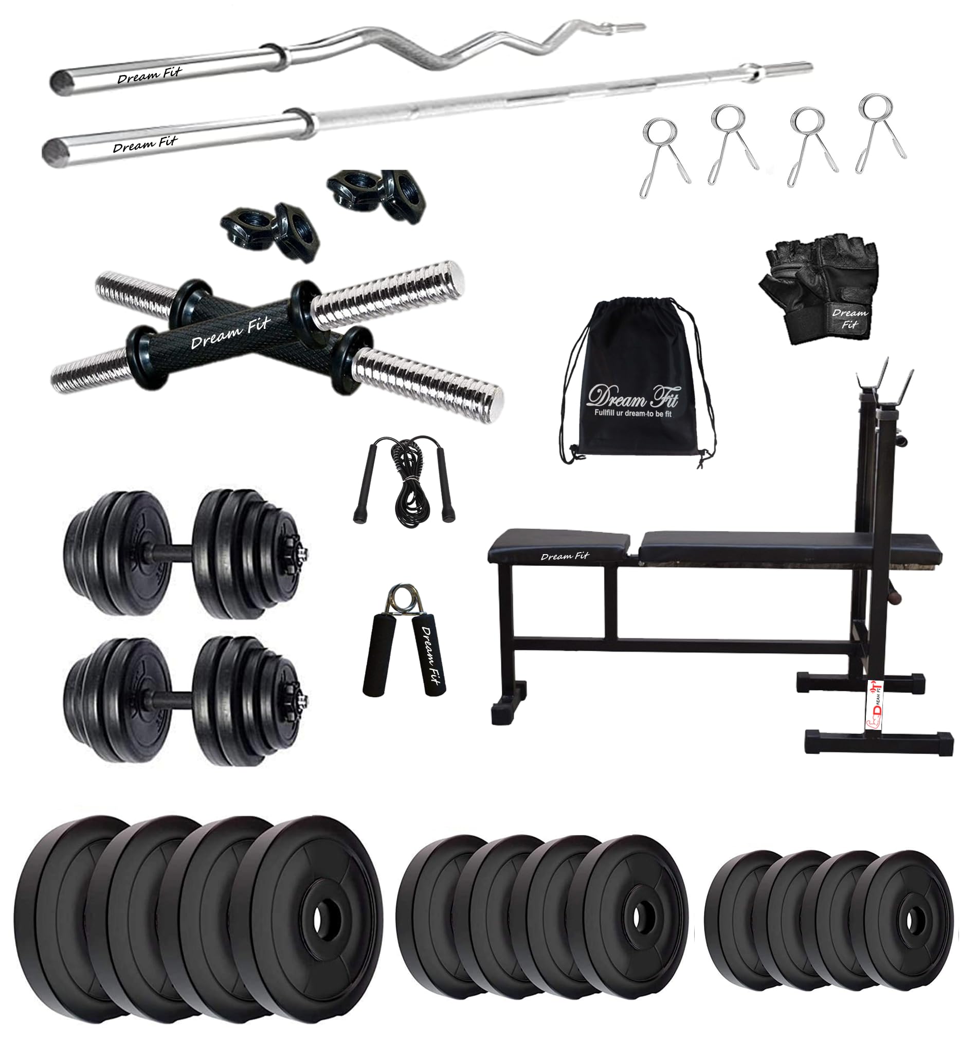 DREAM FIT PVC Home Gym Set - 40 kg with 3in1 Gym Bench, 3 ft Curling Rod, 5 ft Straight Rod, 1 Pair Dumbbell rods and Gym Accessories (40kg) (B0CP61Z4F9) Amazon Price History, Amazon Price Tracker