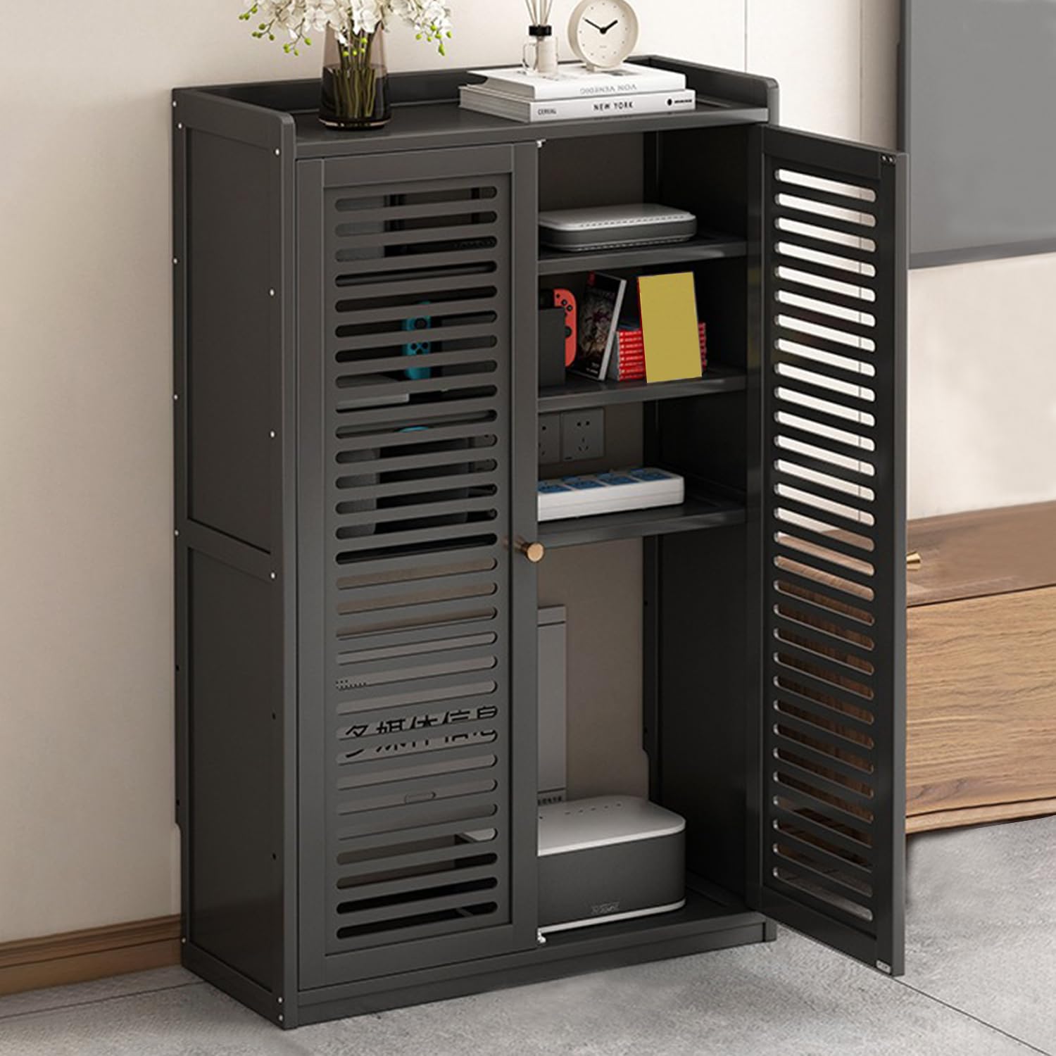 Buffet de rangement pour box internet et câbles cachés