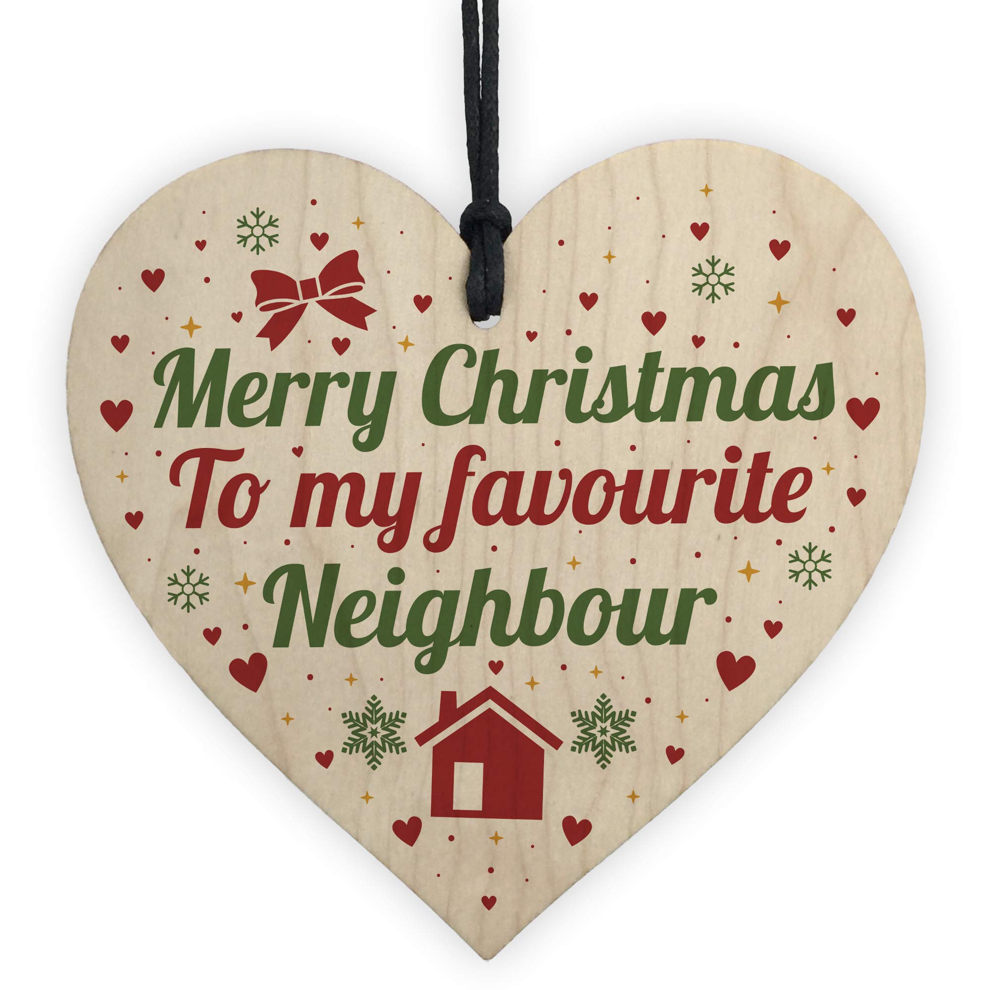 Red Ocean Merry Christmas Card Favourite Neighbour Wooden Heart Plaque Friendship Gift Handmade THANK YOU
