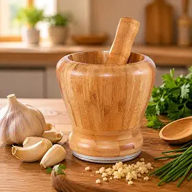 Pilão de Madeira com Socador para Alho e Temperos, Bambu Natural, 10cm x 10cm, Utensílio Culinário Resistente