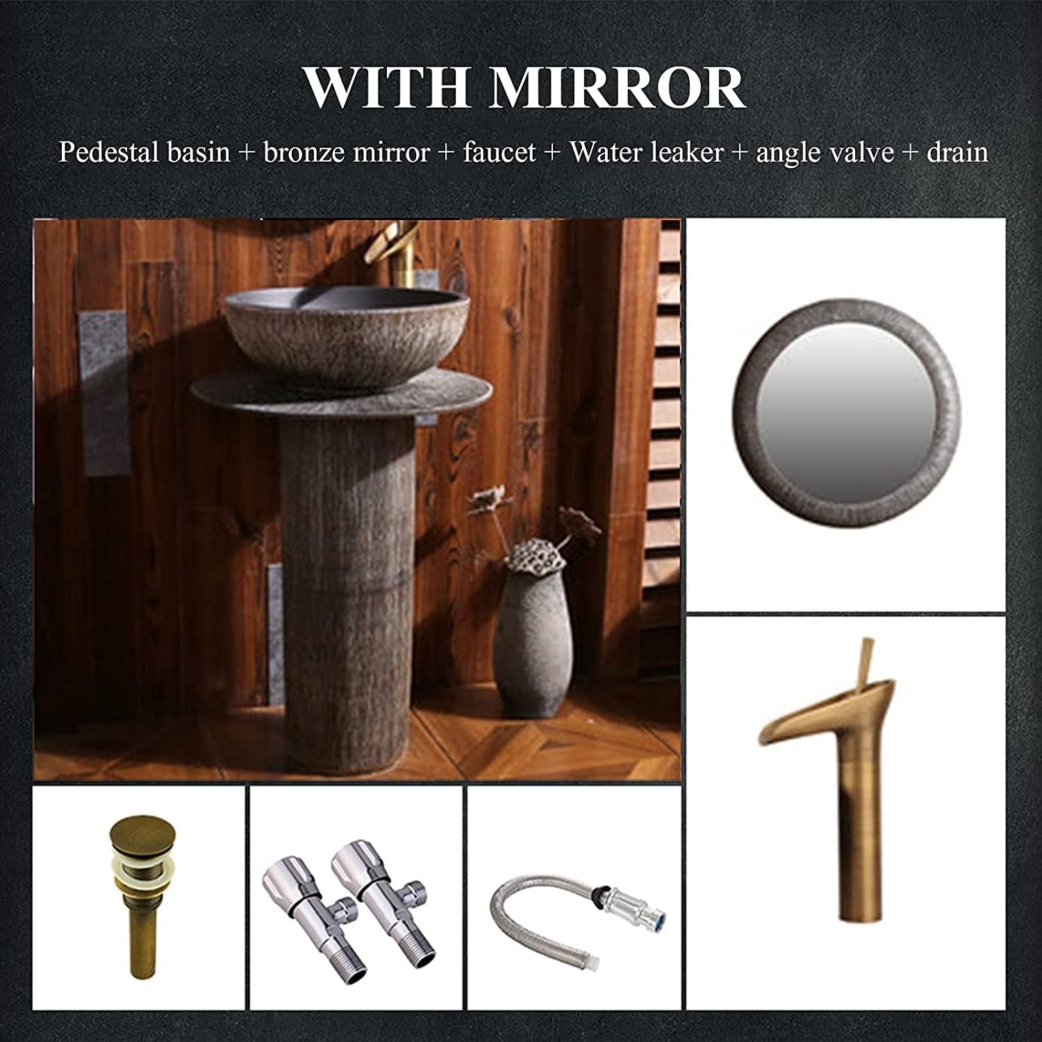 Full Pedestal Art Bathroom Basin Sink freestanding Pedestal Bathroom Sink Pedestal Floor-Standing Basin Unit use (D with Mirror)