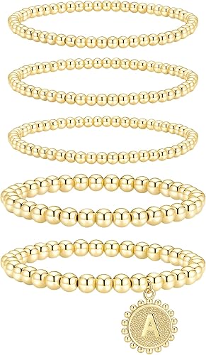 adoyi Gold Silver Bracelets for Women Beaded Bracelet 14K Gold Plated Bracelet Stack Initial Letter A-Z Strand Stretch Bead Stackable Bracelet Set