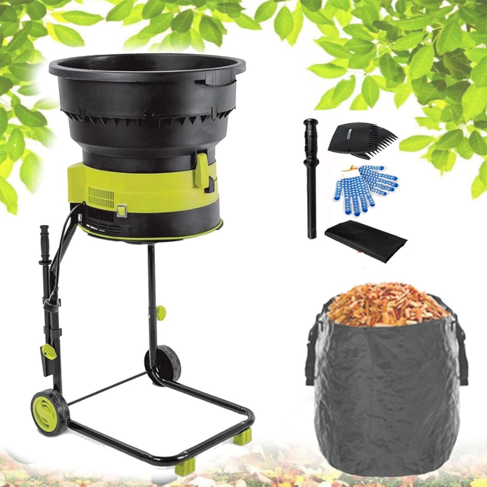 Broyeur à compost,broyeur à feuilles électrique filaire,broyeur de jardin portable avec roues et sac de collecte, diamètre de l'entonnoir 54 cm,pour feuilles de jardin,compost,20mpowercord