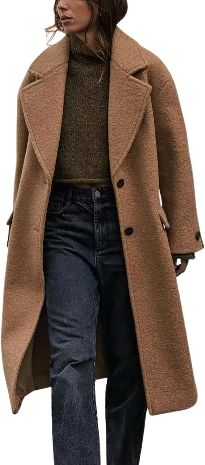 chouyatou Women's Winter Single Breasted Boucle Wool Coat Business Casual Warm Wool Trench Coat