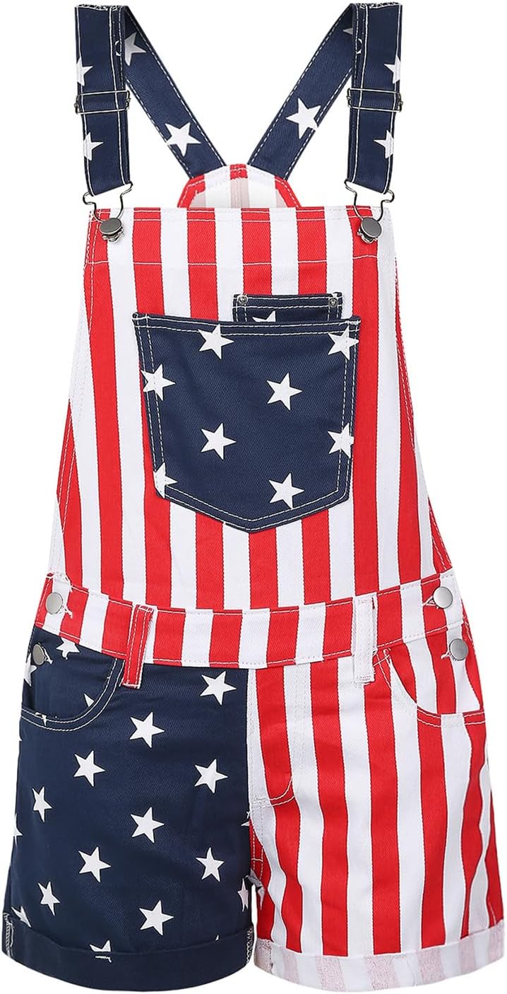 Women's American Flag Overalls Cotton Summer Rompers 4th of July Patriotic Jumpsuit Outfit Casual Adjustable Bibs