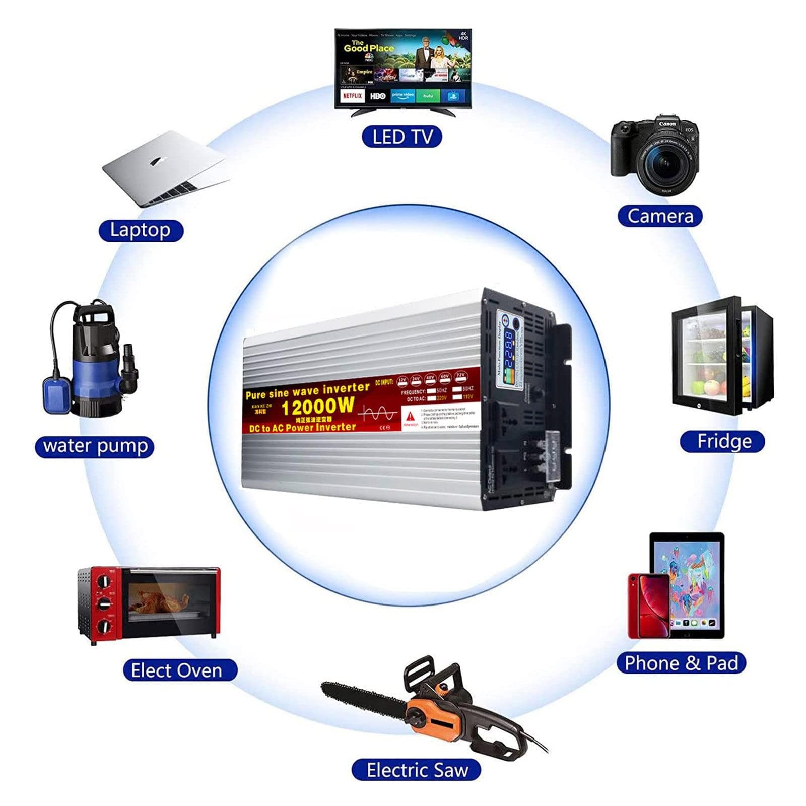 Falownik 12000 W Peak Pure Sinus, ładowarka DC 24 V 48 V 60 V do 120 V 220 V AC, z wyświetlaczem LCD, do domu, kampera, ciężarówki, 24 V-220 V