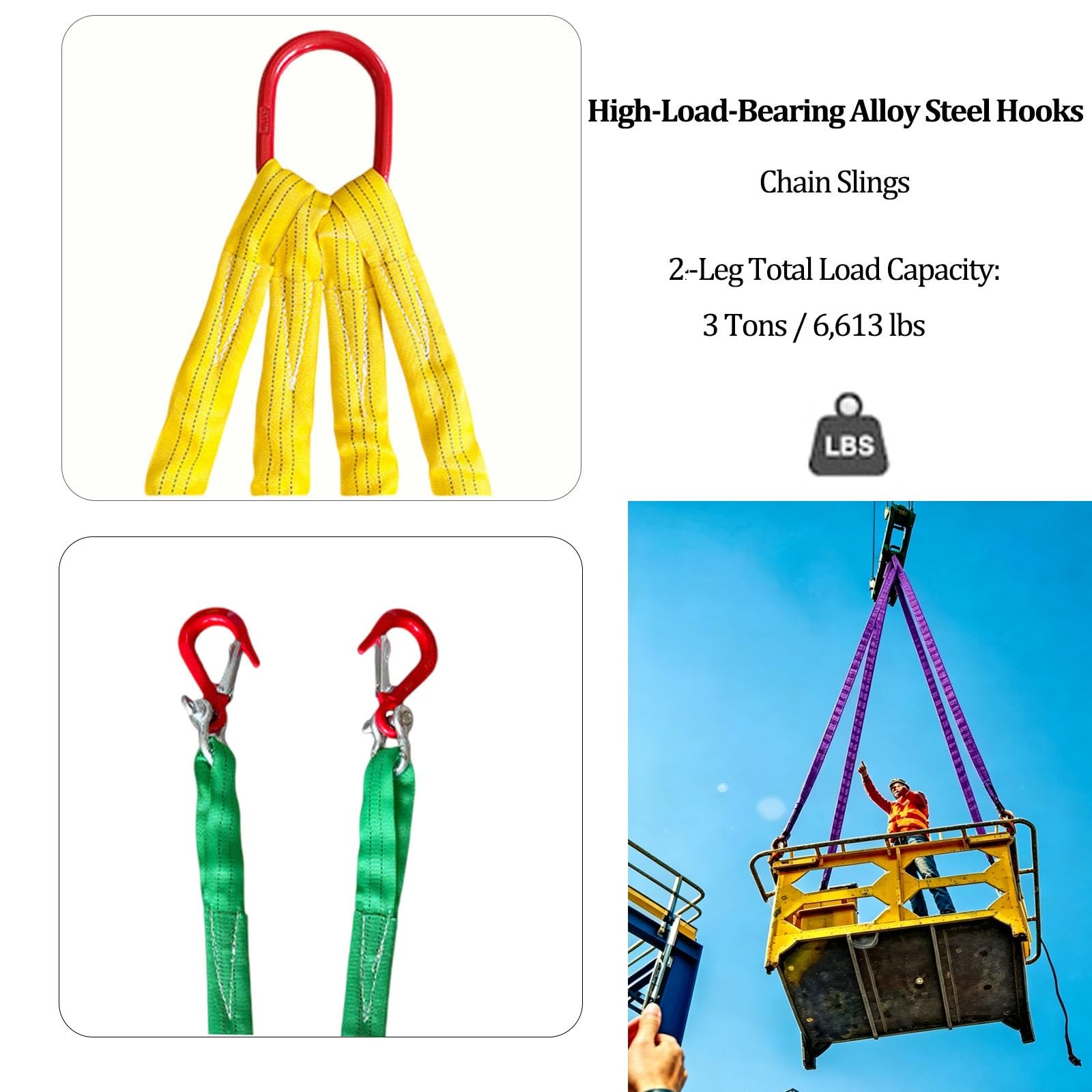 Hochbelastbares 2-strängiges Gurtgehänge, Set aus Polyester-Hebegurten, 4409 lbs Tragfähigkeit, Anschlagmittel für Industrie und Bauwesen(3 tons,1m)