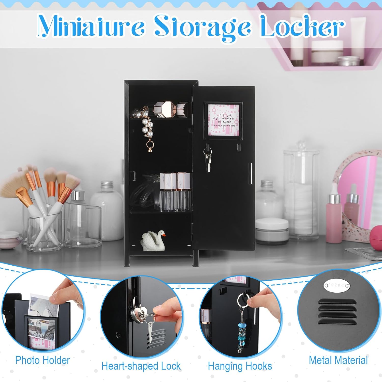 Vercraft Mini Locker with Lock Keys Stickers 10.8inch Small Storage Locker Desk Locker Metal Small Locker Miniature Storage Locker Functional Safe Metal Locker for Desktop Bedroom Home Office (Black)