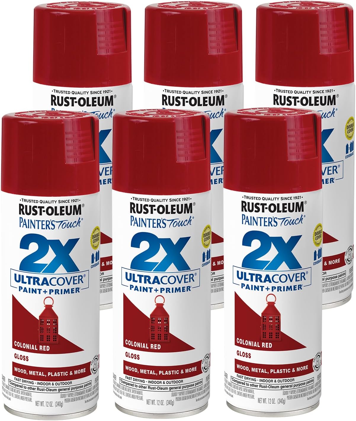 Rust-Oleum 334030-6PK Painter's Touch 2X Ultra Cover Spray Paint, 12 oz, Gloss Colonial Red, 6 Pack