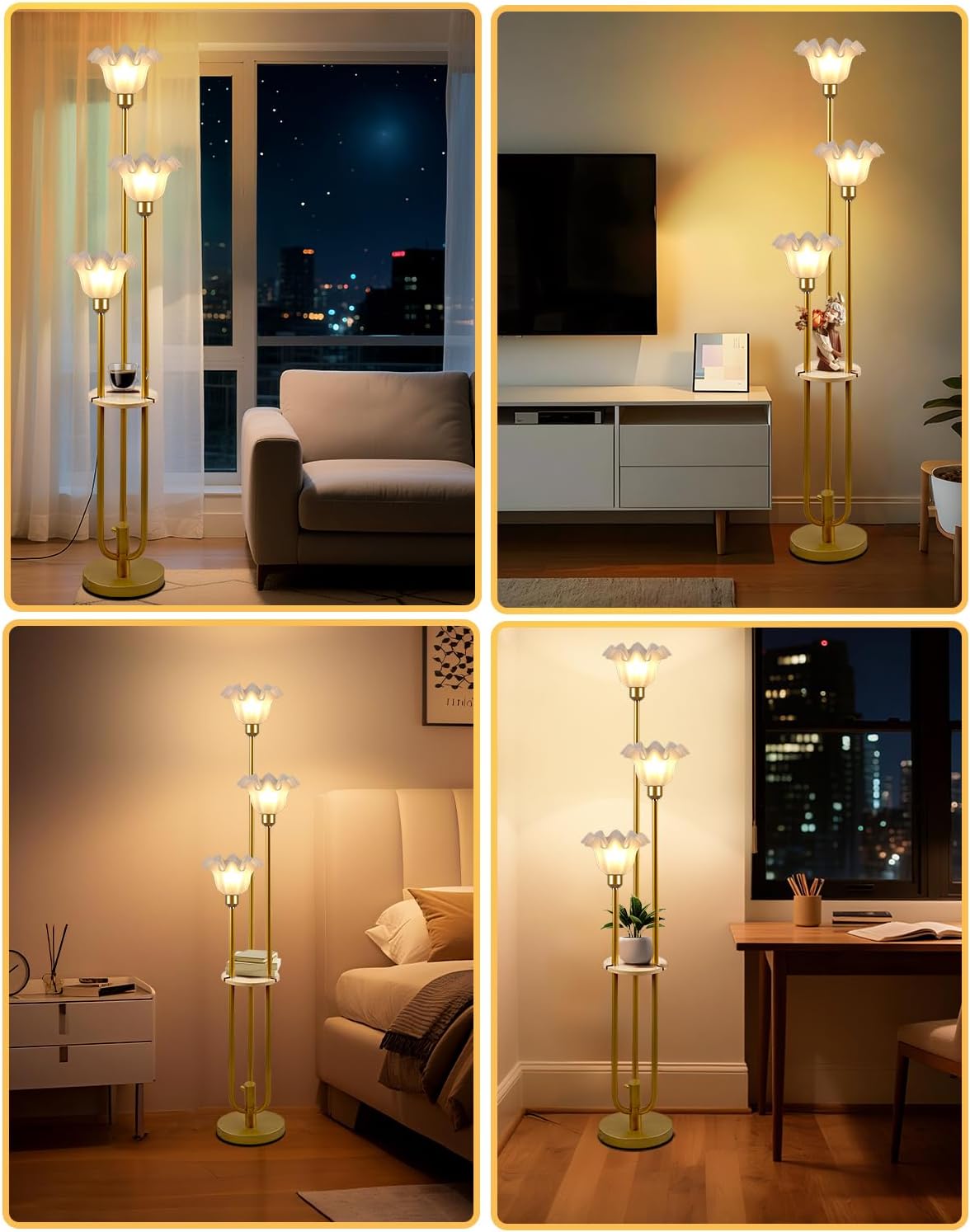 Lightdot Flower Floor Lamp for Living Room, Dimmable Vintage Floor Lamp with Shelf& Bulbs Included, 3 Light Warmwhite Mid Century Gold Floral Standing Tall Lamp for Bedroom/Sofa Beside/Corner Decor