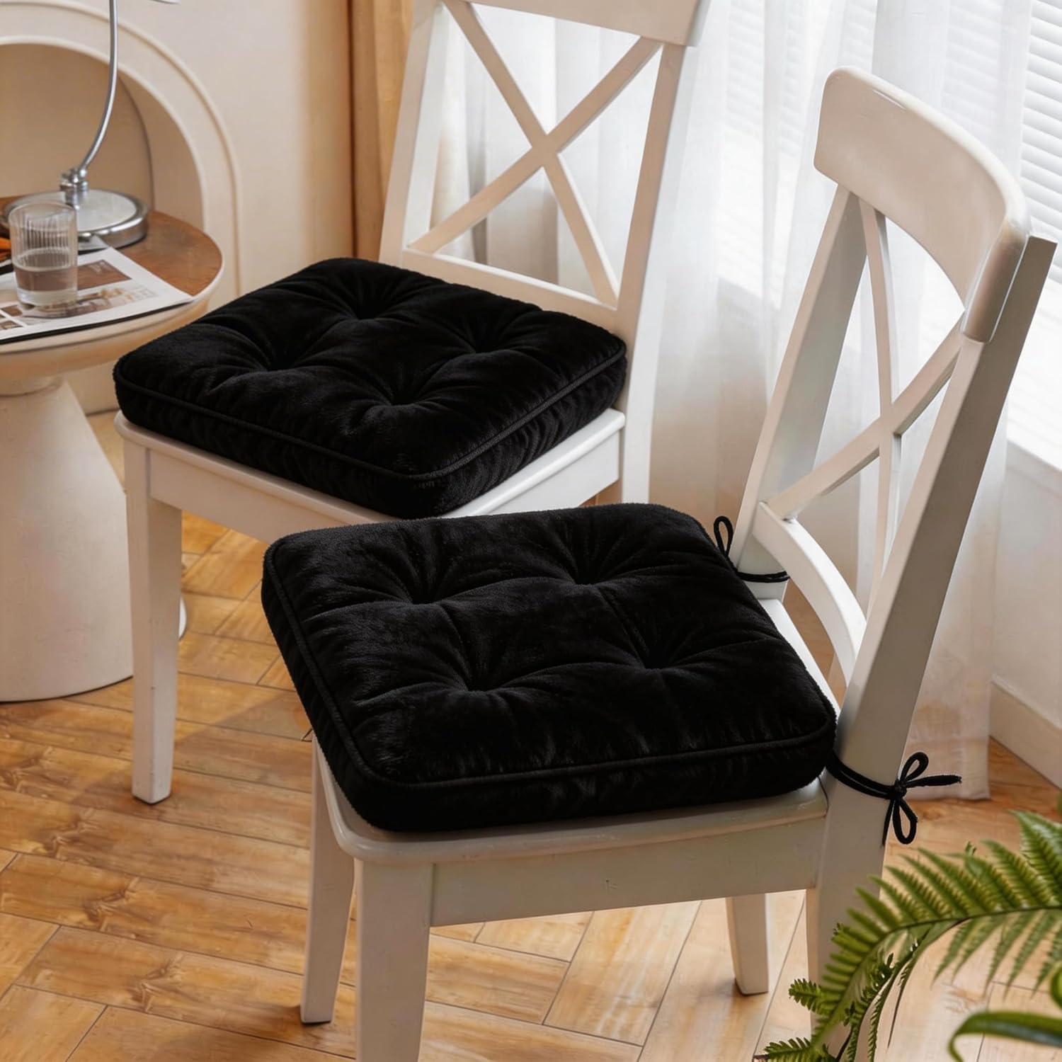 Big Hippo 17x17 Chair Pads with Ties - 1.95" Thick Tufted Seat Cushion for Tailbone Pain Relief - Machine Washable Square Chair Pillow for Hard Wooden Dining Chairs & Office Desk (Black)