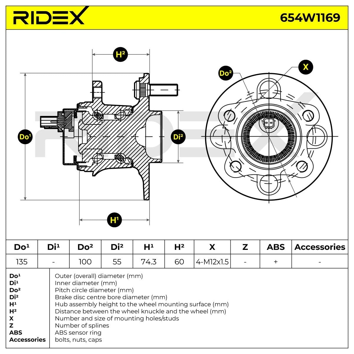 RIDEX 654W1169 Kit cuscinetto ruota con sensore ABS integrato Compatibilità con TOYOTA Yaris Hatchback P13