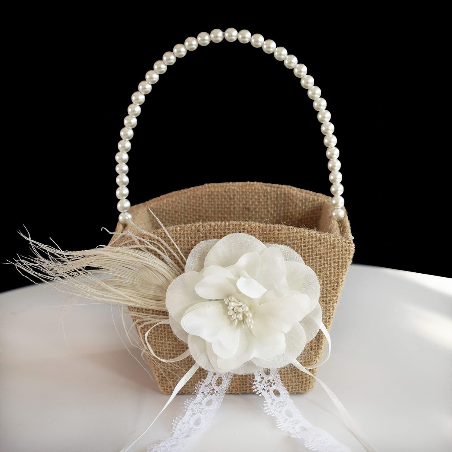 Burlap Flower Girl Basket for Weddings,Romantic Cherish Pearl Handle Wedding Flower Basket