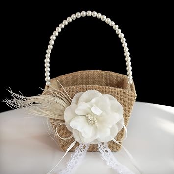 ATAILOVE Flower Girl Basket, Burlap Weddig Flower Basket for Flower Girl | Romantic Cherish, Classtic Vintage Pearl Handle Wedding Flower Basket