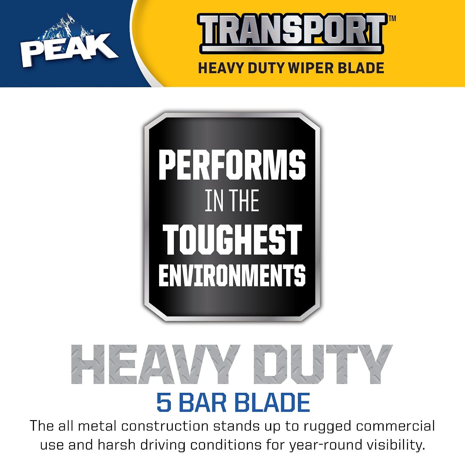 PEAK Transport Heavy Duty Windshield Wiper Blade, Durable Metal Wiper Blade Replacement for Class 6-8 Trucks, Class A RV's, and Transit Buses with Saddle Wiper Arm and 15" 5 Bar Blade