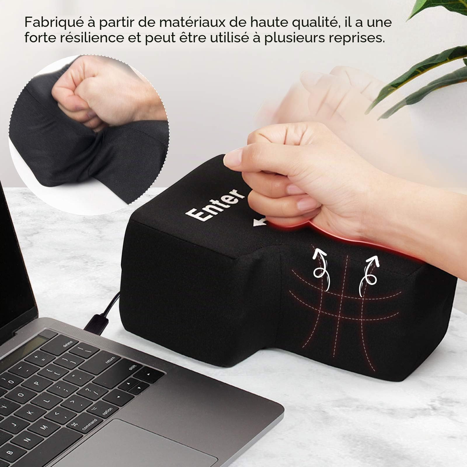 Grand Coussin USB en Forme de Touche d’entrée Coussin Anti-Stress pour Bureau, Maison et Voyage d'affaires (Noir)