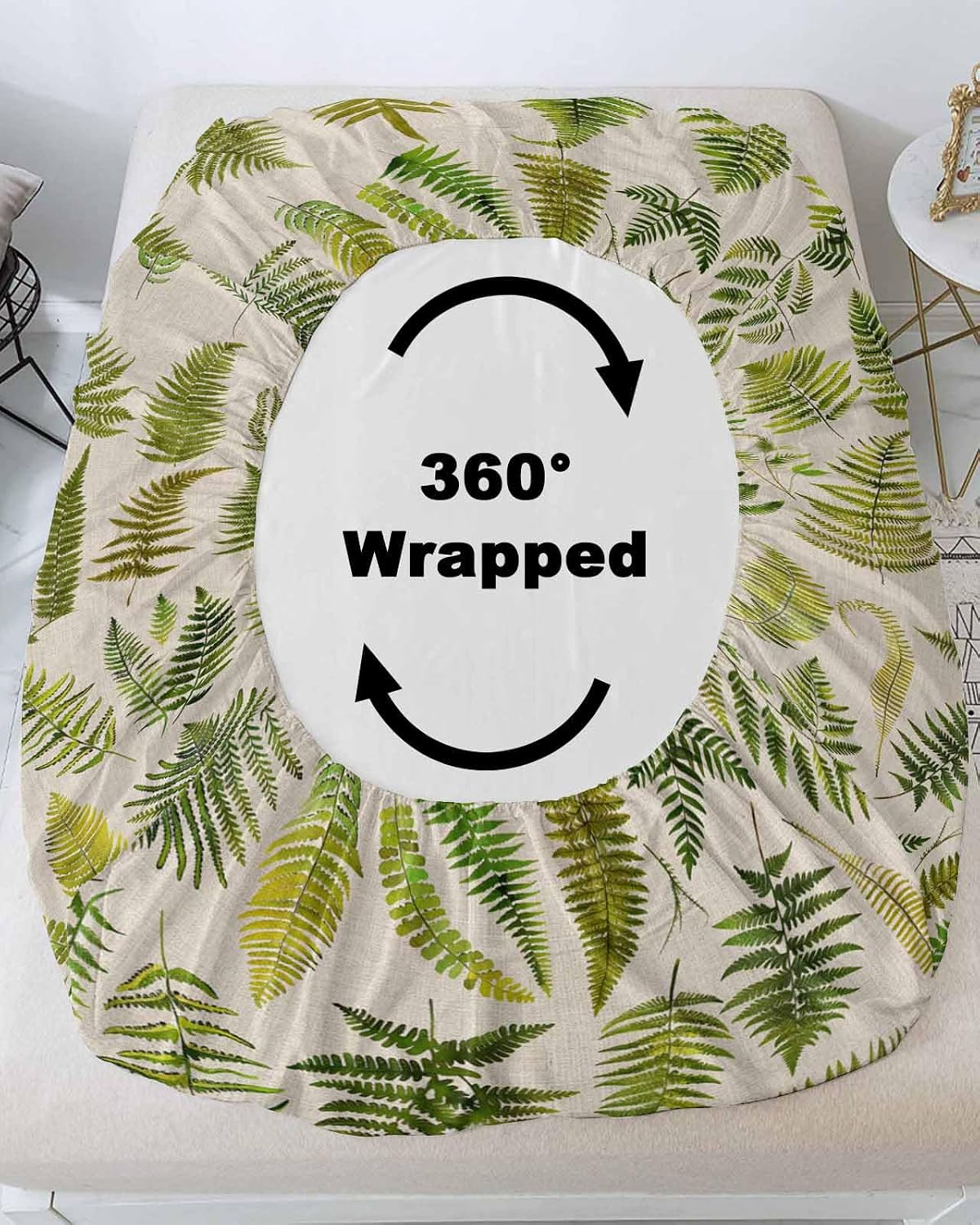 Green Fern Plant Botanical Leaves Fitted Bed Sheets Queen Size Fit 5-16inch Deep Pockets,Luxury Bottom Sheet Bedding Set with Pillow Case,Watercolor Foliage on Linen Fitted Sheet for Mattress