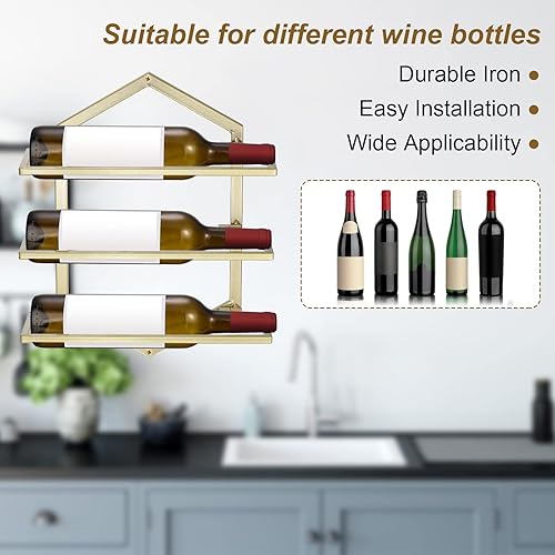 Miniatura 4 de uxcell Juego de 2 soportes de metal para botellas de vino para montar en la pared, con capacidad para 3 botellas, estante de almacenamiento de pared