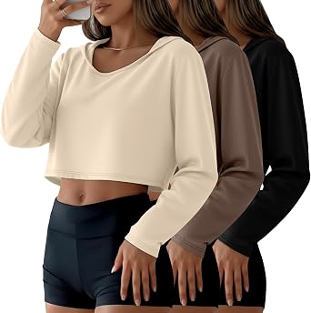 3 Pack Womens Cropped Hoodies Long Sleeve Lightweight Hooded Shirts U Neck Crop Tops Basic Casual Pullover