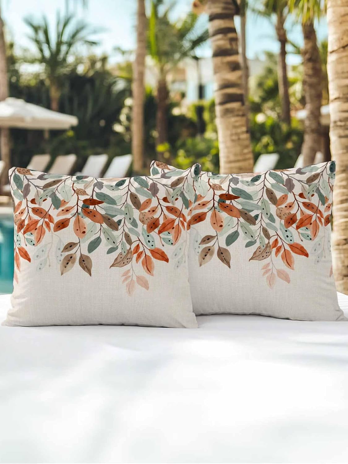 Outdoor Pillows Waterproof, Vintage Leaves Throw Pillows with Inserts Included, Summer Botanical Pastoral Watercolor Rustic Indoor Outdoor Decorative Lumbar Pillow for Bed/Couch/Patio 18"x18", 2Pcs