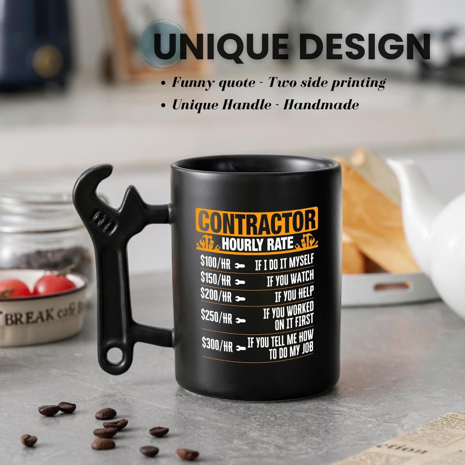 Contractor Gifts For Men, Him - Wrench Coffee Mug - Gift for Contractor - 13.5oz/400ml Funny Ceramic Mug - Hourly Time