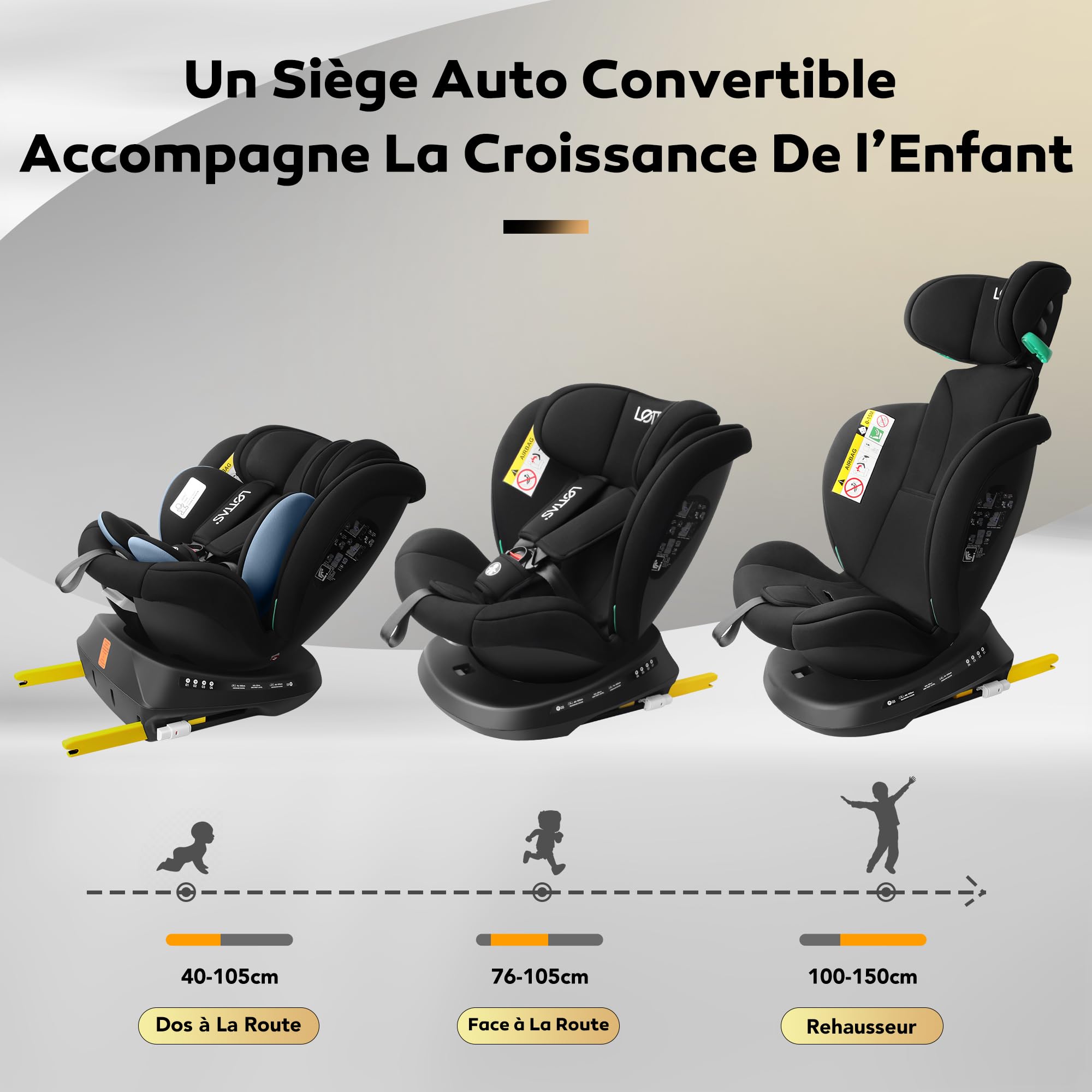 LETTAS Siège Auto Pivotant 360 i-Size 40-150 cm (de la naissance à 12 ans) Avec ISOFIX, 0 à 36kg, Appui-tête Réglable, ECE R129/04