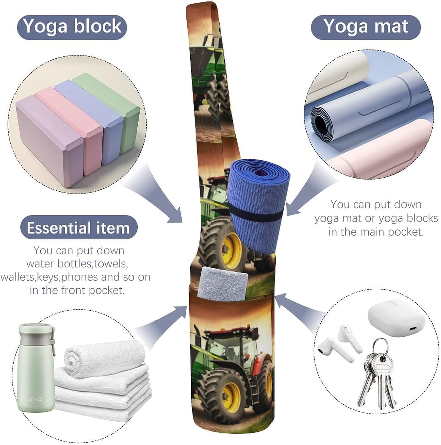 Canvas Yoga Bag,Tractor Theme Printed Yoga Mat Handbag,Portable Yoga Mat Bag Large Capacity Gym Bag for Men Women Pilates Beach Travel