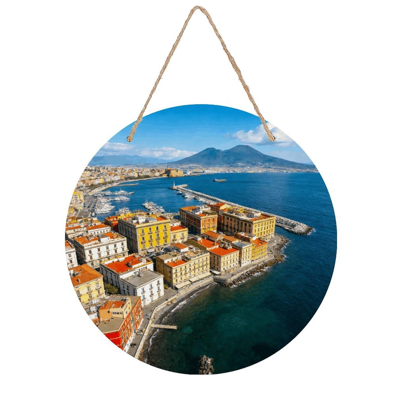 LZQPOEAS Naples Round Wood Wall Art Painting, 7.9 Inch Circular Wooden Door Hanger Decorative Paintings, Rope-Hanging Wooden Wall Plaque for Home Decor And Office Party