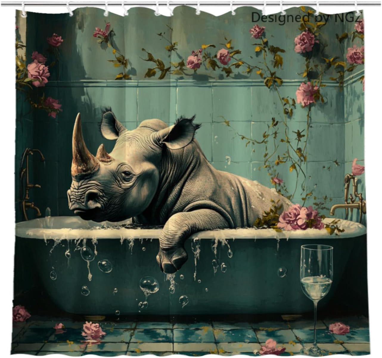 NGZ Funny Highland_Cow Teal Shower Curtain, SPA with Wine, Green Shower Curtain, 72x72 Inches Shower Curtains for Bathroom, Bath Curtains Set with 12 Hooks