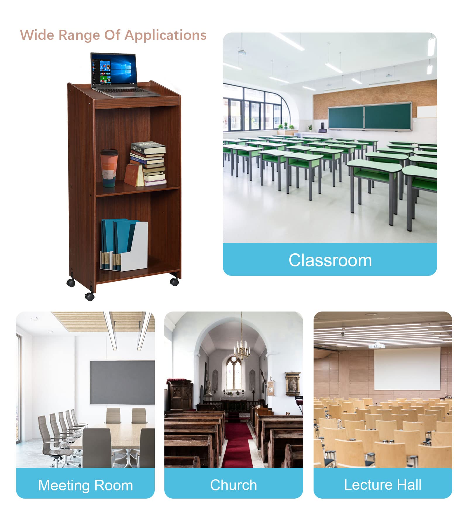 Podium Stand Portable, Wooden Rolling Desk Lectern Reception Desk with