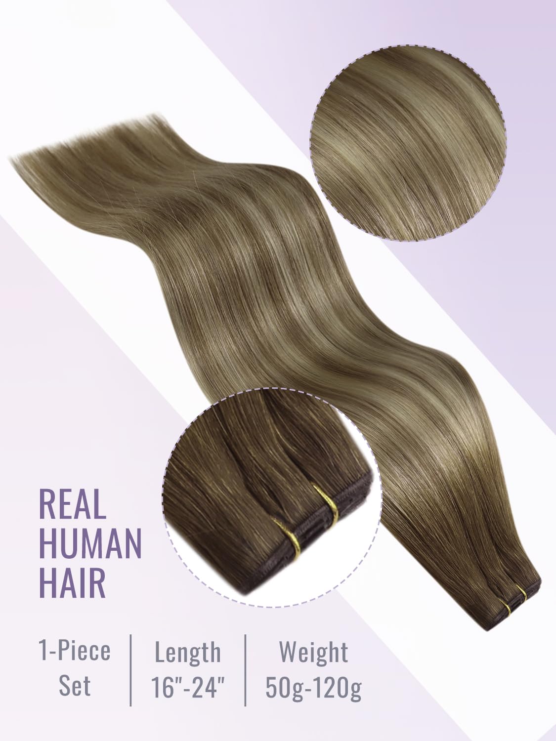 Fshine Butterfly Weft Hair Extension Real Human Hair, Chestnut Brown with Golden Blonde Highlights 18 Inch 50 g, Invisible Genius Weft, OVO Hole Micro Hand-Tied Adds Soft Length,for Women 1 Piece