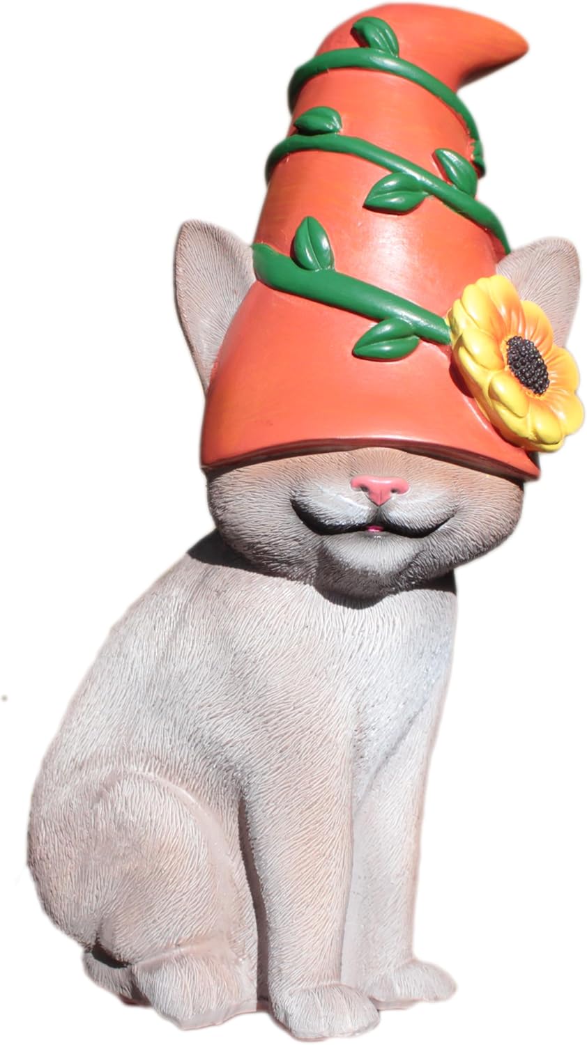 Cat Gnome 12" Tall (Gray) | Cute Outdoor Statues for Garden, Cat Home Décor, Hand-Painted and Original Design