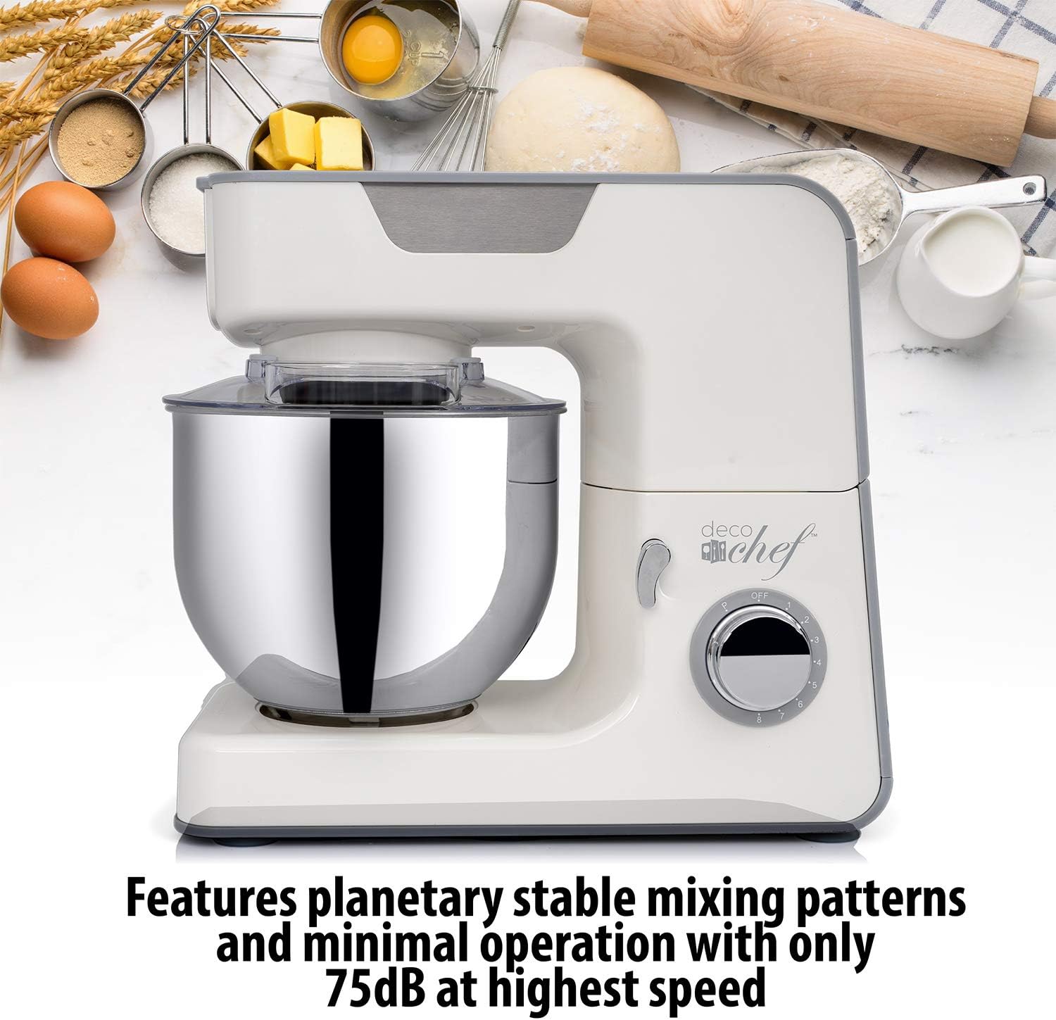 Deco Chef Stand Mixer with text indicating planetary stable mixing patterns and minimal operation noise at 75dB.