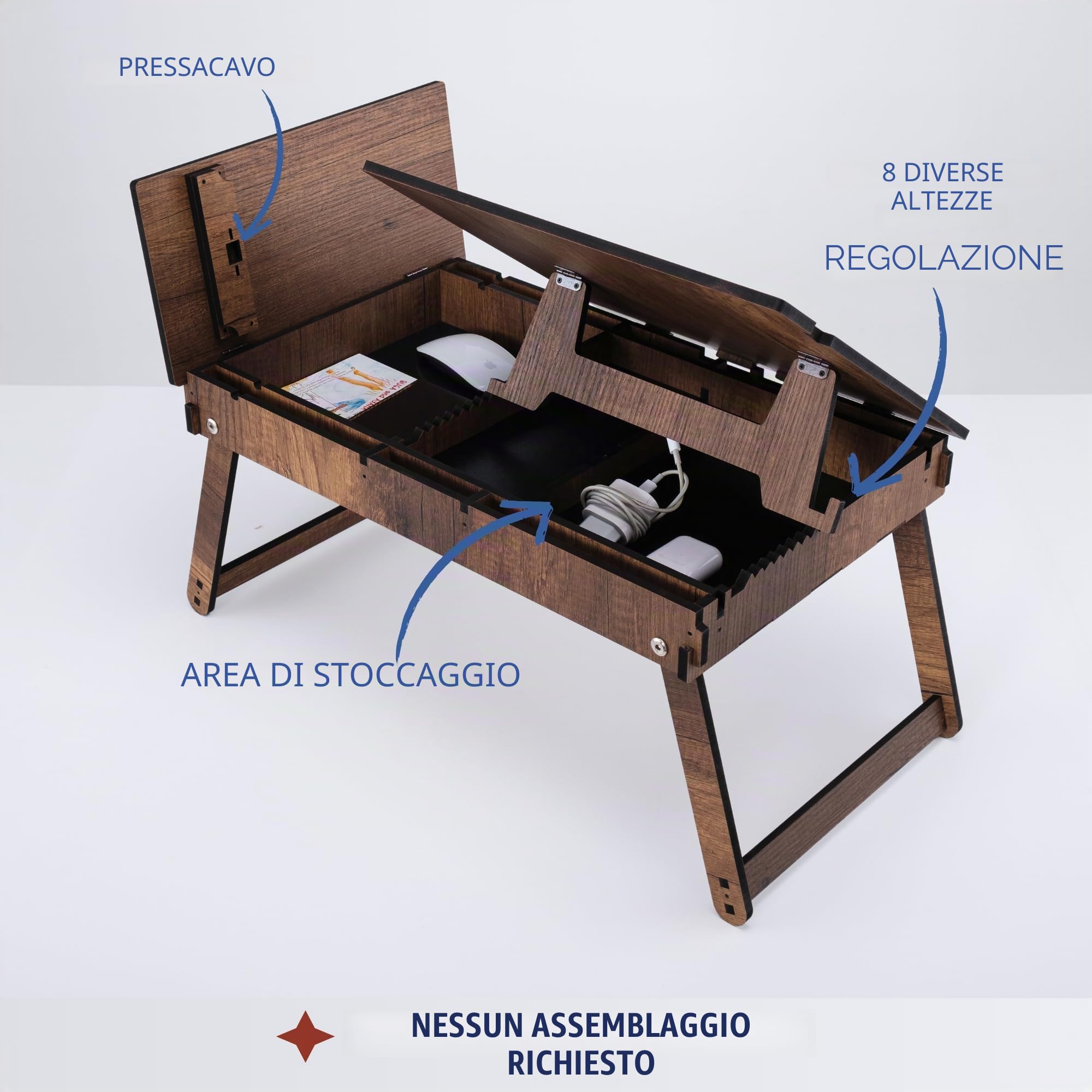 Vigo - Supporto per laptop in legno per letto, scrivania regolabile per laptop e vassoio per le gambe con contenitore integrato, design pieghevole ed ergonomico per leggere, scrivere e lavorare (noce)