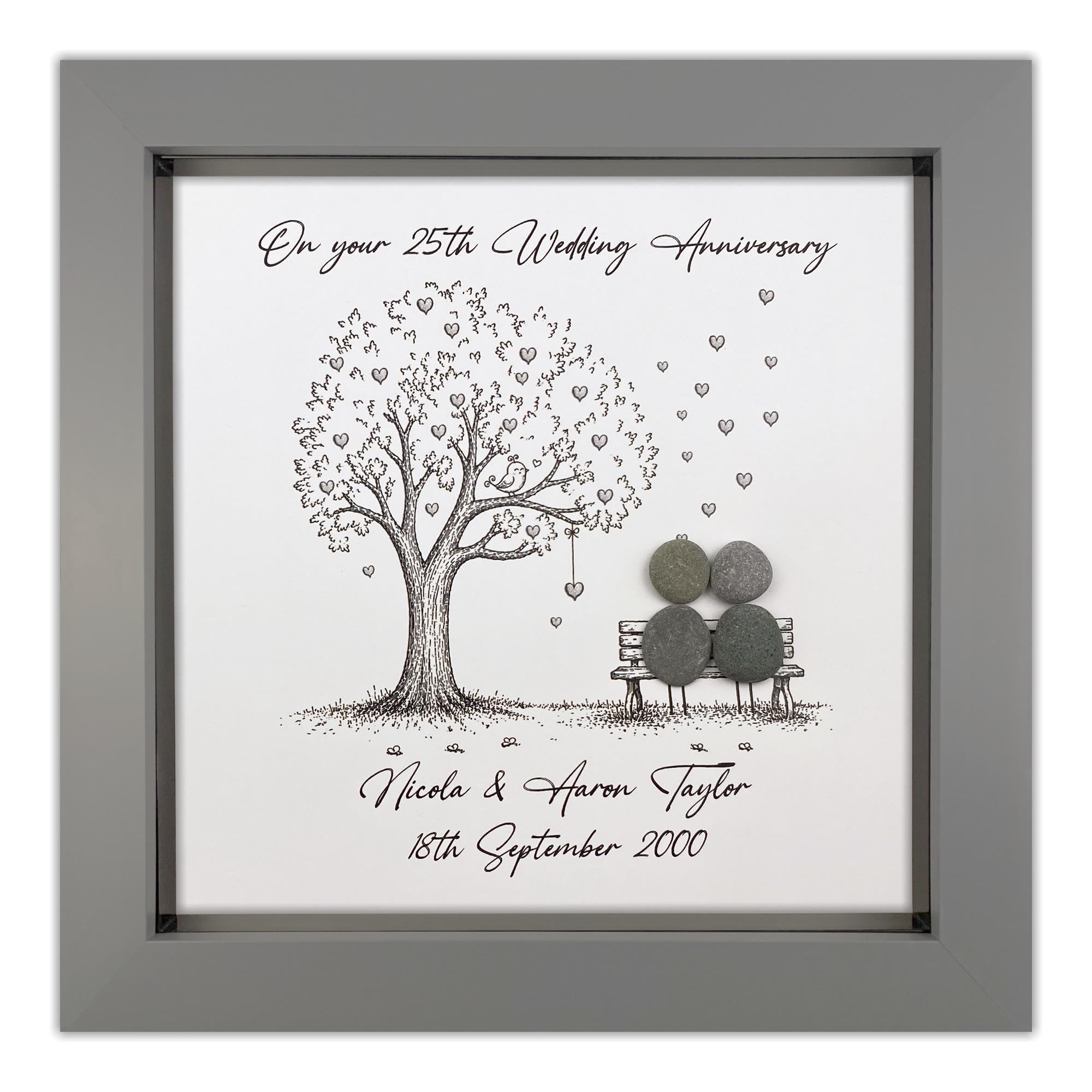Handmade Personalised 25th Wedding Anniversary Pebble Art Gift, Silver Anniversary Pebble Picture Keepsake, Mr & Mrs Gift, 8 Inch Frame (Grey Frame)