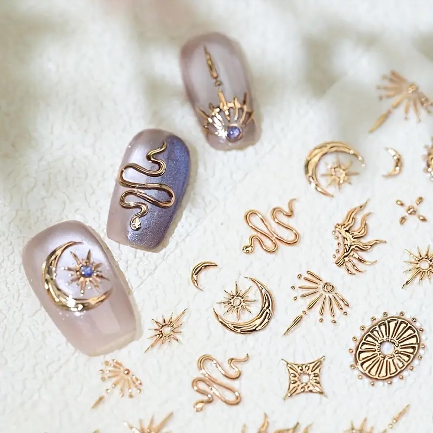 Bohemian Nail Stickers | Moon Star Snake Sticker for Nail Art | Gold Silver 5D Embossed Nail Art | Glitter Embossed Nail Decals Self-Adhesive | Stickers for DIY Nails Art Decoration