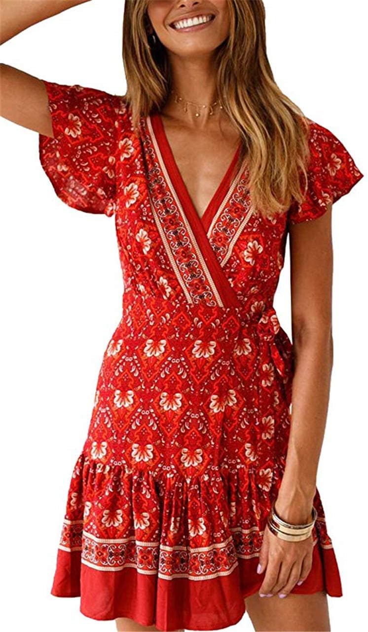 Vruan Summer Dresses for Women Short Sleeve A-line Bohemian Floral Print Casual Dresses V Neck Beach Mini Ruffle Dresses with Belt 5 Color Size 8-20