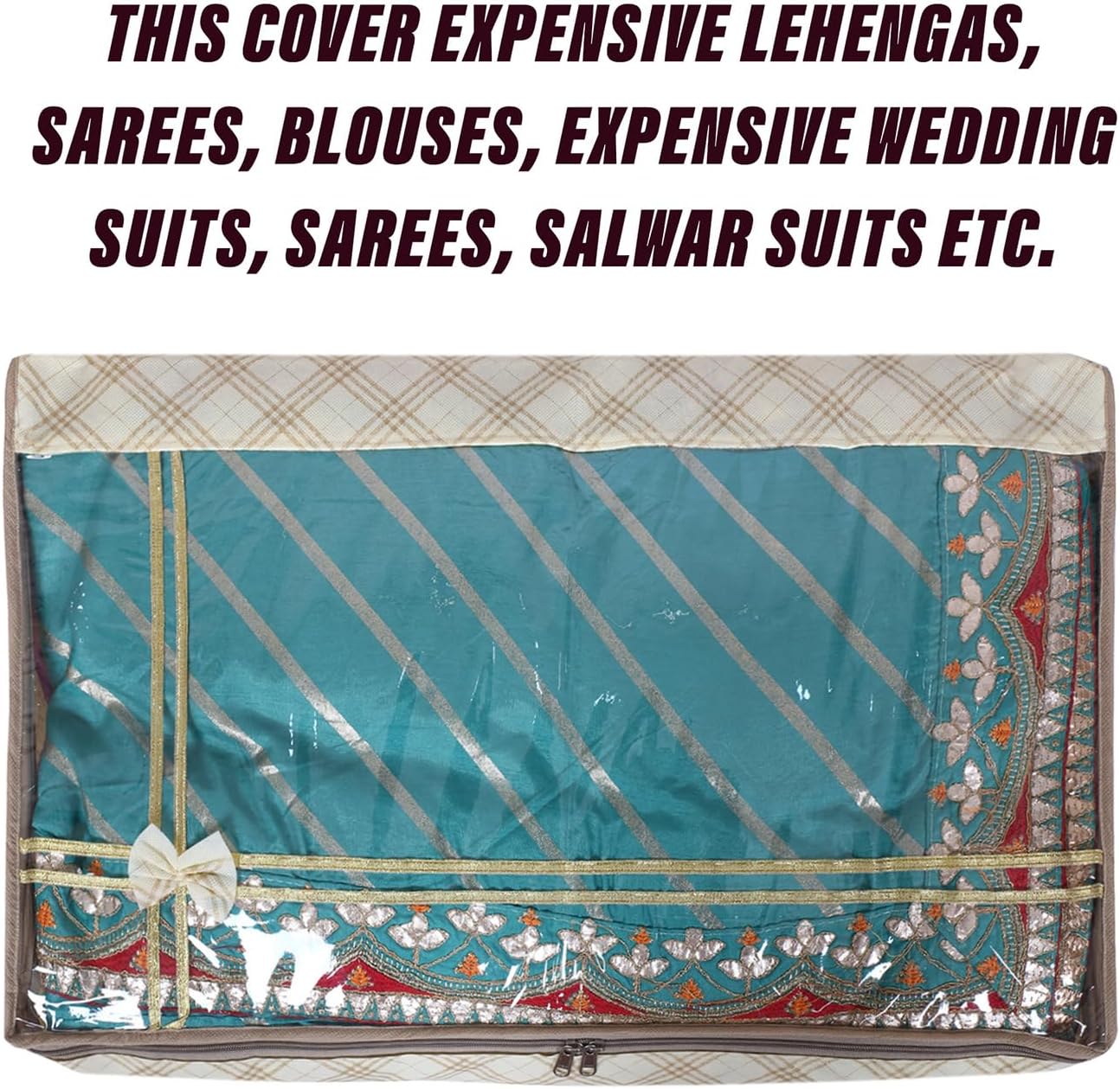 Kuber Industries Lehenga Cover | Non-Woven Gown Cover | Check Bow Pattern Garment Cover | Salwar Suit Cover with Top Transparent | Large | Pack of 2 | Cream