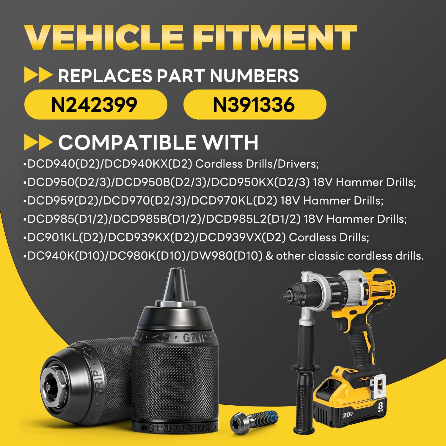 N242399 Portabrocas sin llave de 1/2 pulgada con tornillo compatible con DeWalt DCD940 DCD950 DCD950B DCD959 DCD970 DW980 DCD985