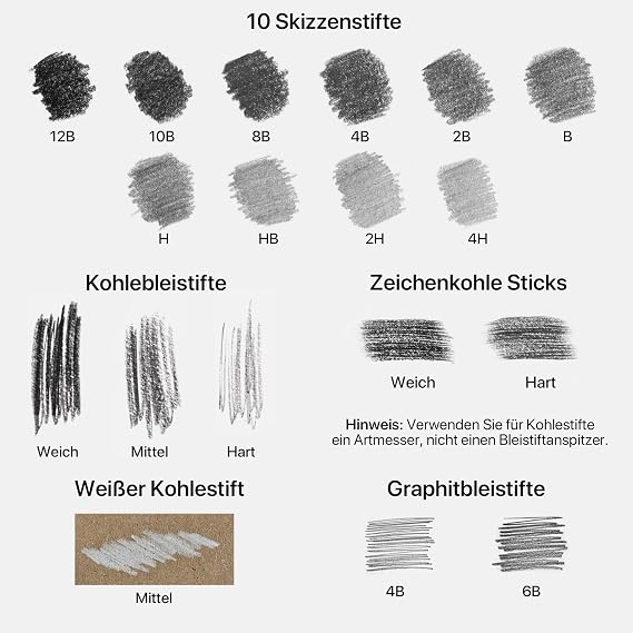 Drawlish Zeichenset 24-teilig – Professionelles zeichen bleistifte set 12B–6H mit Graphit- und Kohlestiften – Skizzenset für Anfänger Künstler und Profis