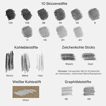 Drawlish Zeichenset 24-teilig – Professionelles zeichen bleistifte set 12B–6H mit Graphit- und Kohlestiften – Skizzenset für Anfänger Künstler und Profis
