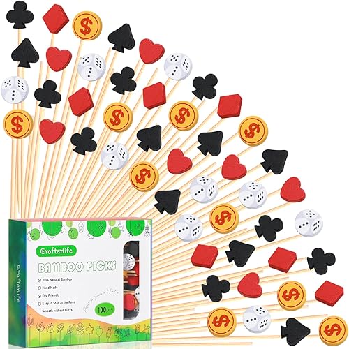 Púas de cóctel de casino, dados de póquer, palillos de dientes temáticos de frutas, bebidas de postre, sándwich de comida, aperitivo, brocheta de