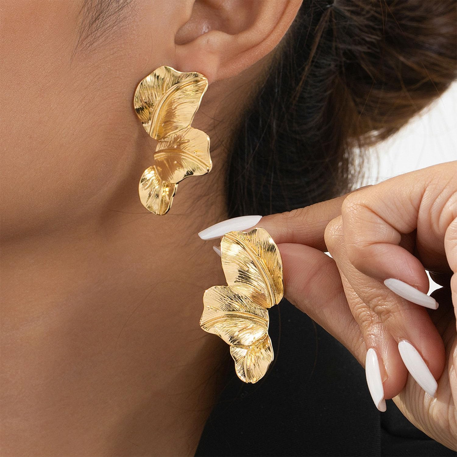 Gold Flower Earrings for Women Chunky Large Flower Statement Earrings Gold Sectored Leaf Earrings Big Floral Earrings for Women Trendy Jewelry Gift - Image 2