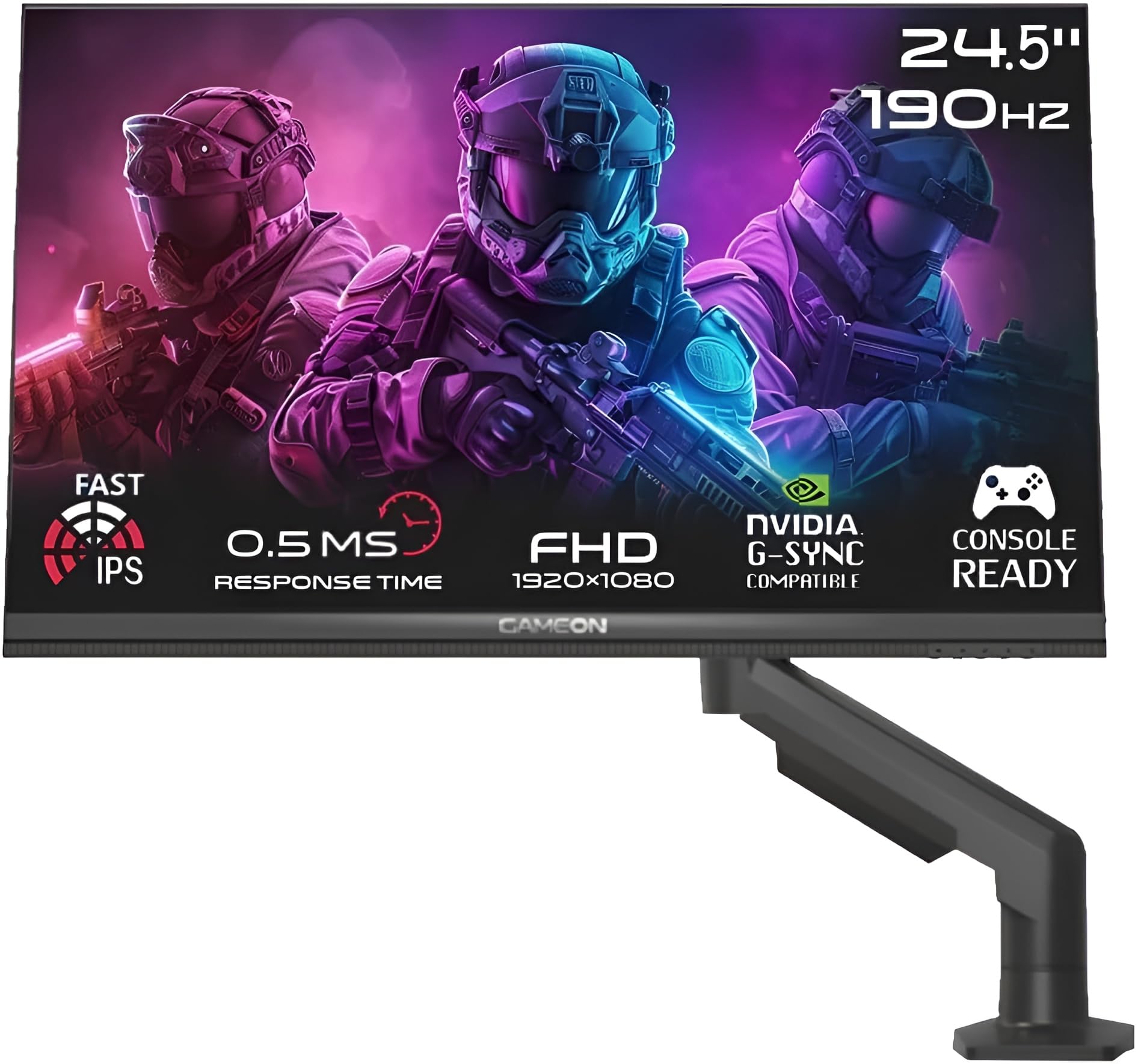 GAMEON GOM24FHD190IPSX Midnight Pro X series, Black Gaming Monitor 24.5 inch, 1920x1080p FHD Fast IPS Panel, 190Hz, 0.5ms, 2.1 HDMI, With stand,Freesync&Gsync, Supports HDR, PS5, VRR