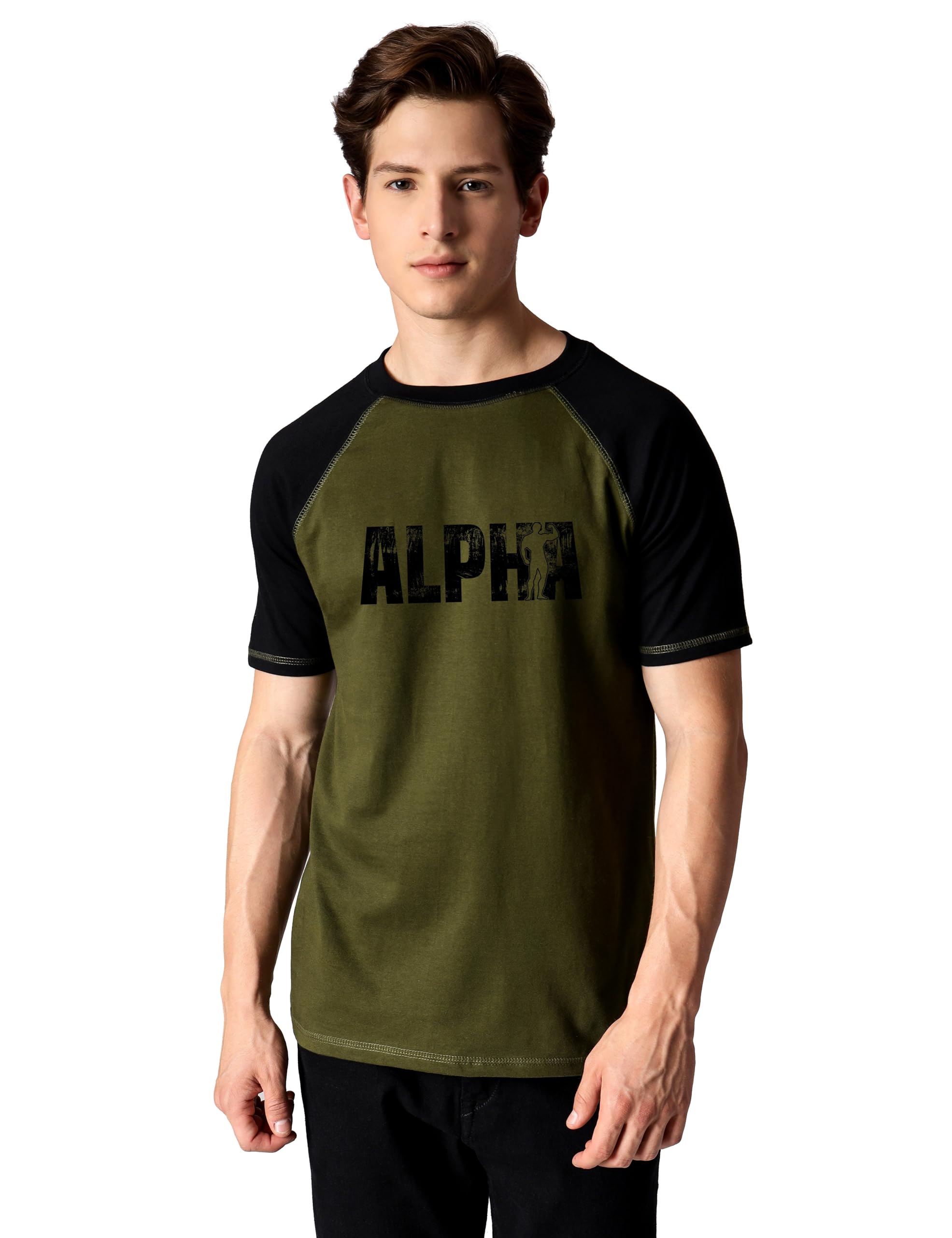 Men's Pure Cotton Raglan Sleeve Crew Neck T-Shirt for Men Gym Alpha Print-picture-48