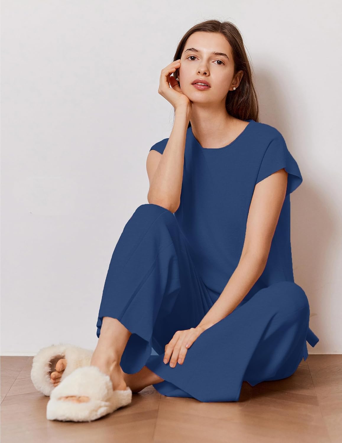 Ekouaer Lounge Sets for Women Two Piece Outfits Knit Cap Sleeve Tops Wide Leg Pleated Pants Casual Dressy Sweater Sets - Image 5