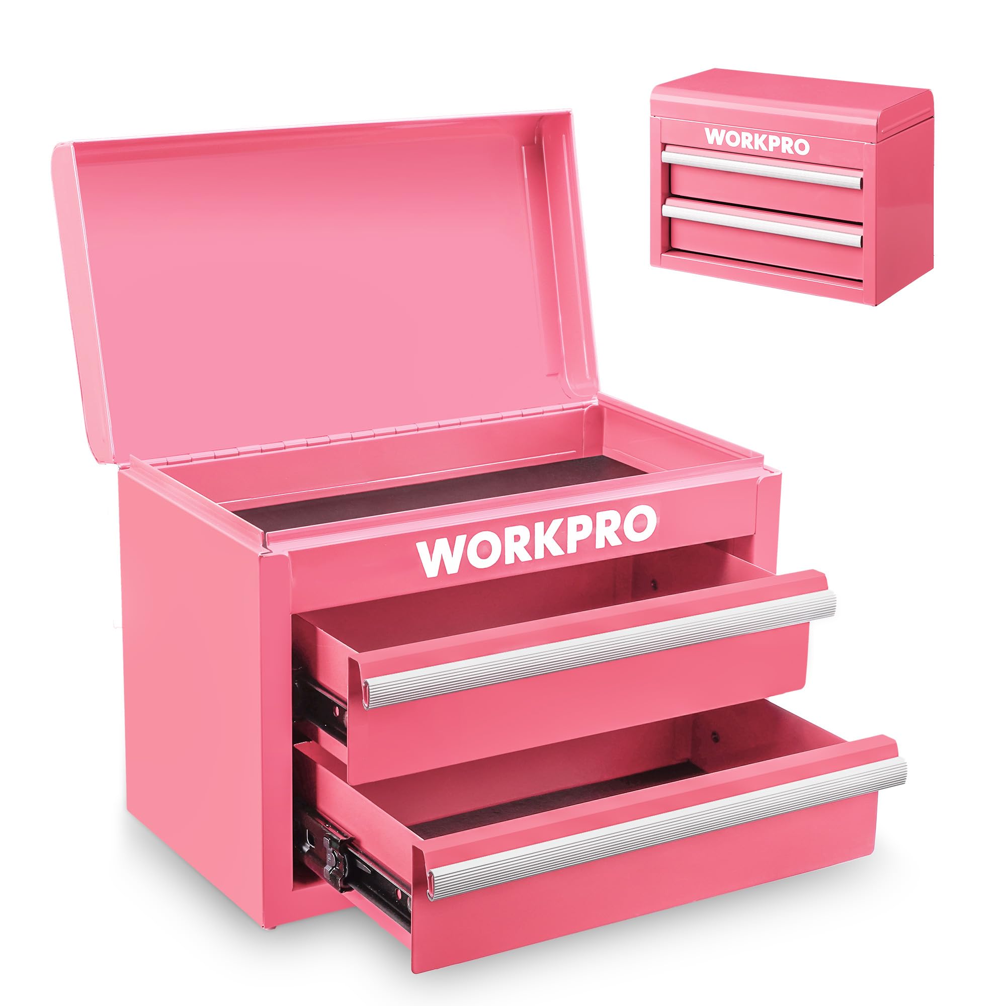 WORKPRO Caja de Herramientas Metálica con 2 Cajones, Organizador Pequeño | con Cerradura, Ideal para Guardar Herramientas, Material de Oficina, Joyería y Accesorios en Hogar o Taller - Rosa