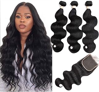 Brazilian Virgin Hair Body Wave 3 Bundles with Closure Free Part 12A Unprocessed Brazilian Body Wave Human Hair Weft Extensions with 4x4 Lace Closure Natural Color(16 18 20 with 16 Free Part)