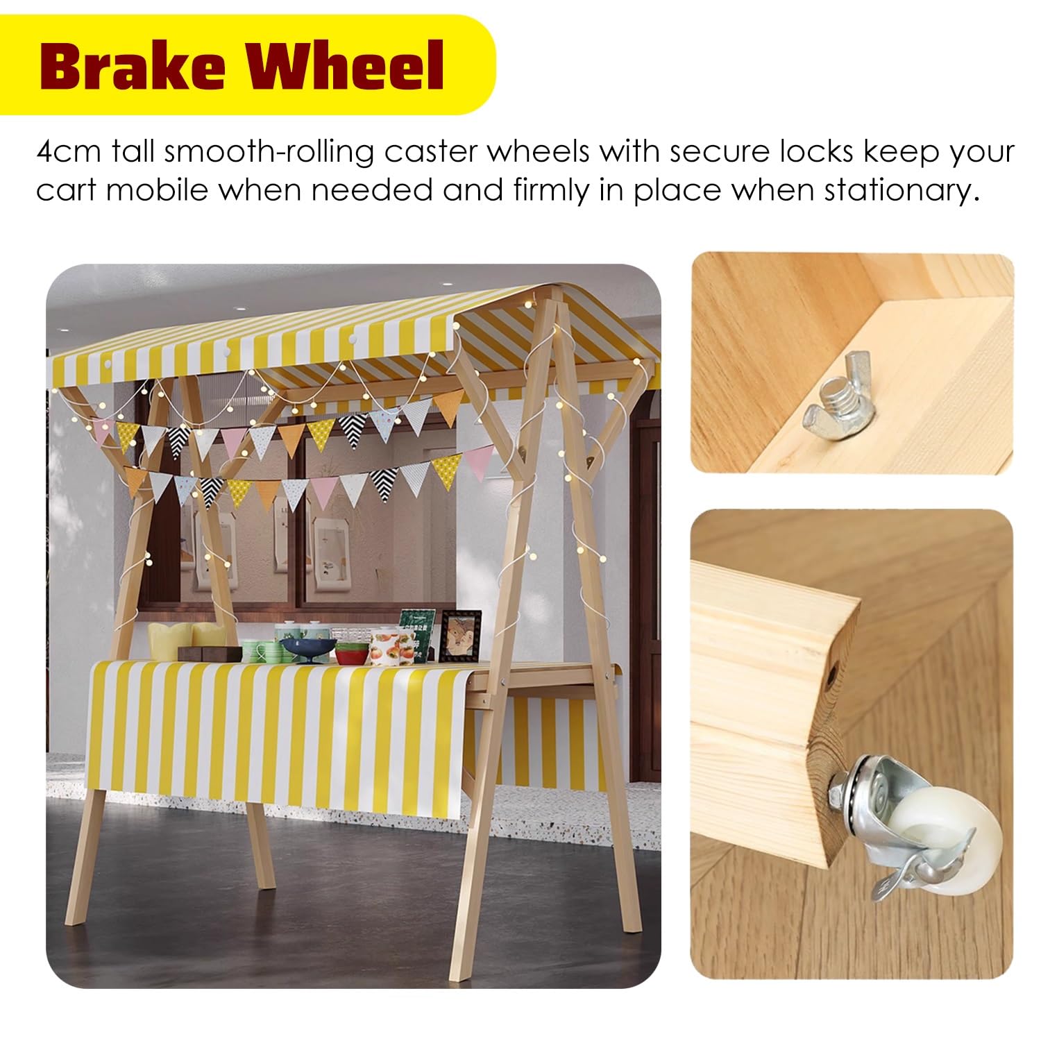 Puesto de Venta Plegable Carro Móvil de Venta Ambulante de Comida, Remolque para Hot Dogs, Quiosco de Comida Concesionaria, Vagón de Madera Portátil para Dulces(Red,Width 150cm(59"))