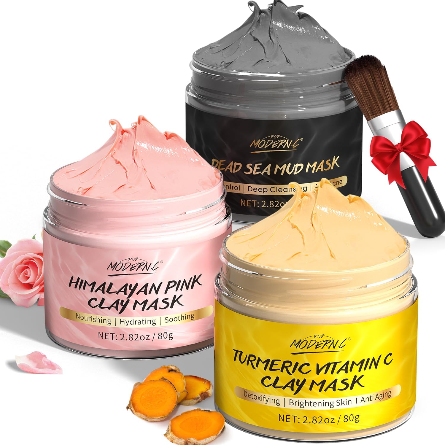 Kleimaskerset, Kurkuma Vitamine C Kleimasker, Dode Zee Moddermasker, Himalaya Kleimasker, Voor diepe reiniging, Verfijning van poriën, Verminder mee-eters, Acne en donkere vlekken, Oliecontrole, 3x80g